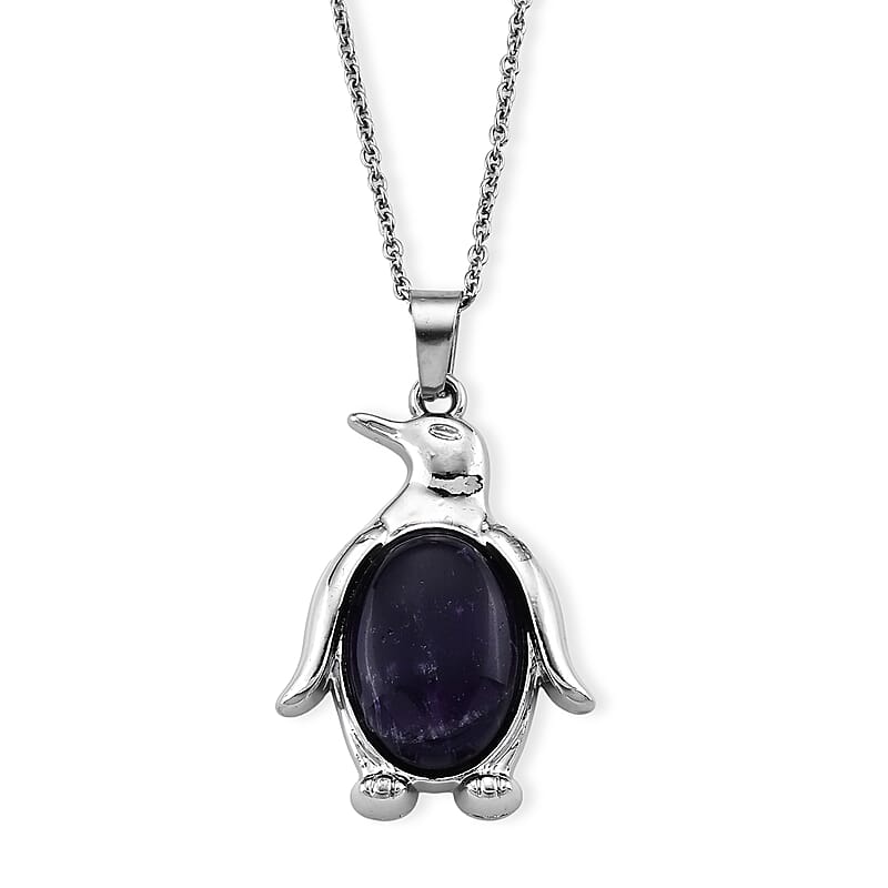 African Amethyst 20.00 ctw Pendant in Silvertone with Stainless Steel Necklace 20 Inches