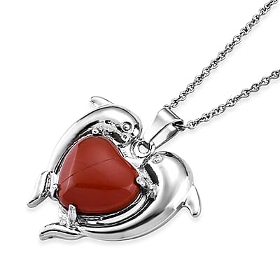 Red Jasper 20.00 ctw Pendant in Silvertone with Stainless Steel Necklace 20 Inches