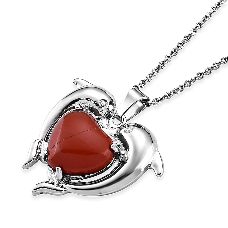 Red Jasper 20.00 ctw Pendant in Silvertone with Stainless Steel Necklace 20 Inches