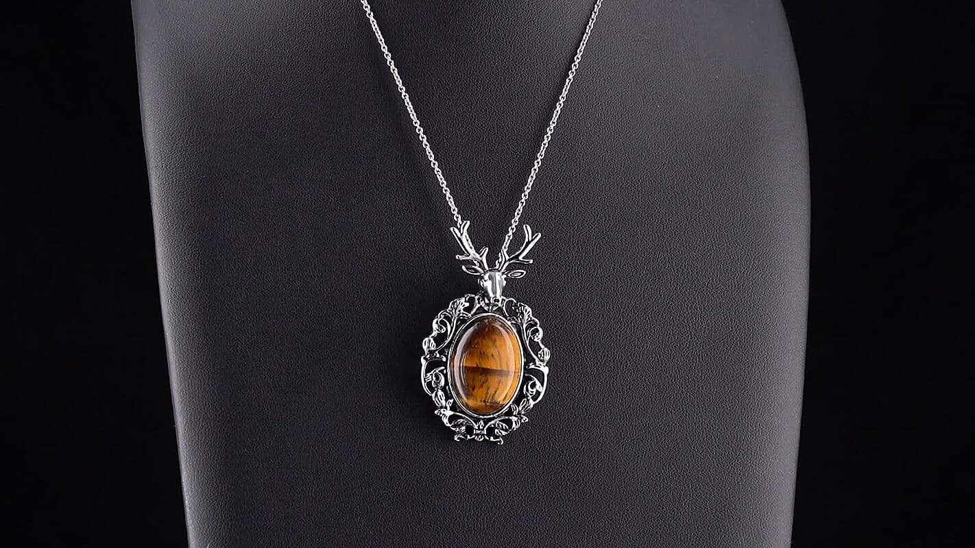 Tiger Eye Pendant in Silvertone with Stainless Steel Necklace (20 Inches) 25.00 ctw