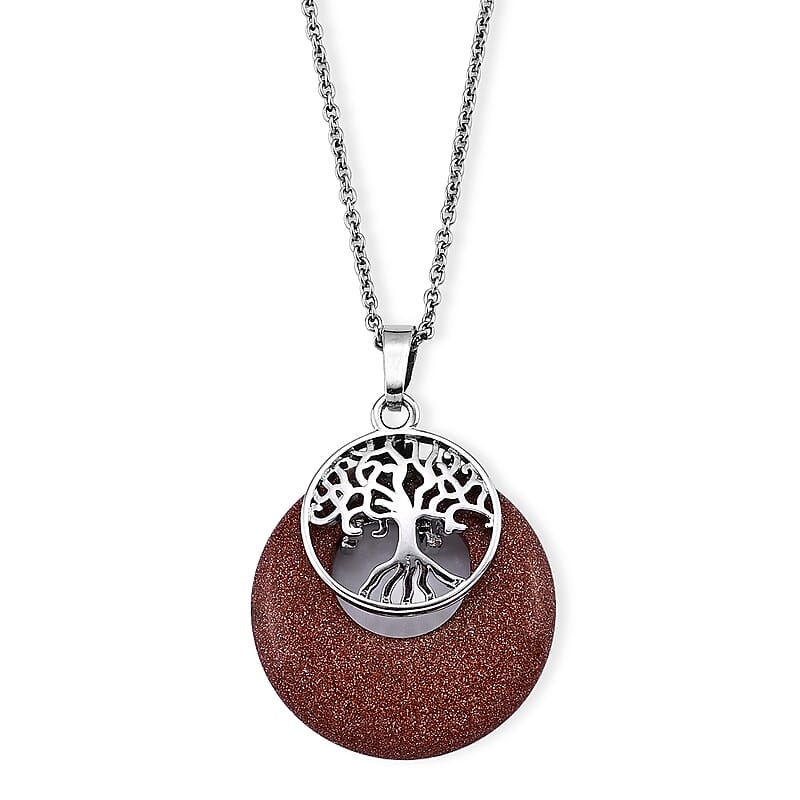 Gold Sandstone 20.00 ctw Pendant in Silvertone with Stainless Steel Necklace 20 Inches