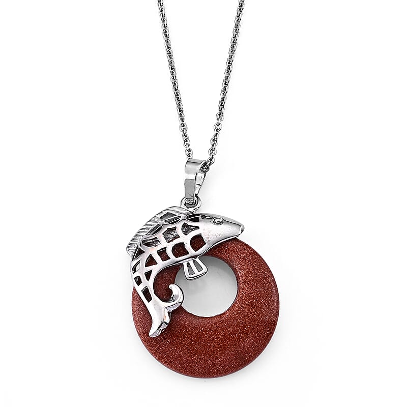 Gold Sandstone 20.00 ctw Fish Pendant in Silvertone with Stainless Steel Necklace (20 Inches)