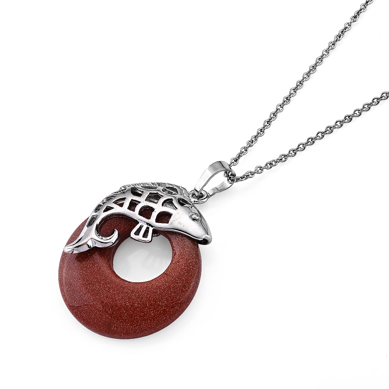 Gold Sandstone 20.00 ctw Fish Pendant in Silvertone with Stainless Steel Necklace (20 Inches)
