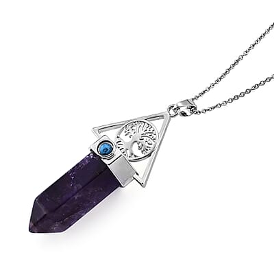 African Amethyst 100.00 ctw Pendant in Silvertone with Stainless Steel Necklace 20 Inches