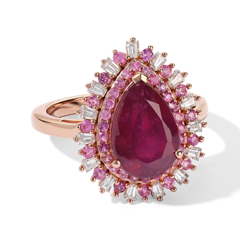 D'Joy Premium Niassa Ruby (FF) and Multi Gemstone 5.20 ctw Passion Burst Ring in 18K Vermeil RG Over Sterling Silver (Size 6.0)