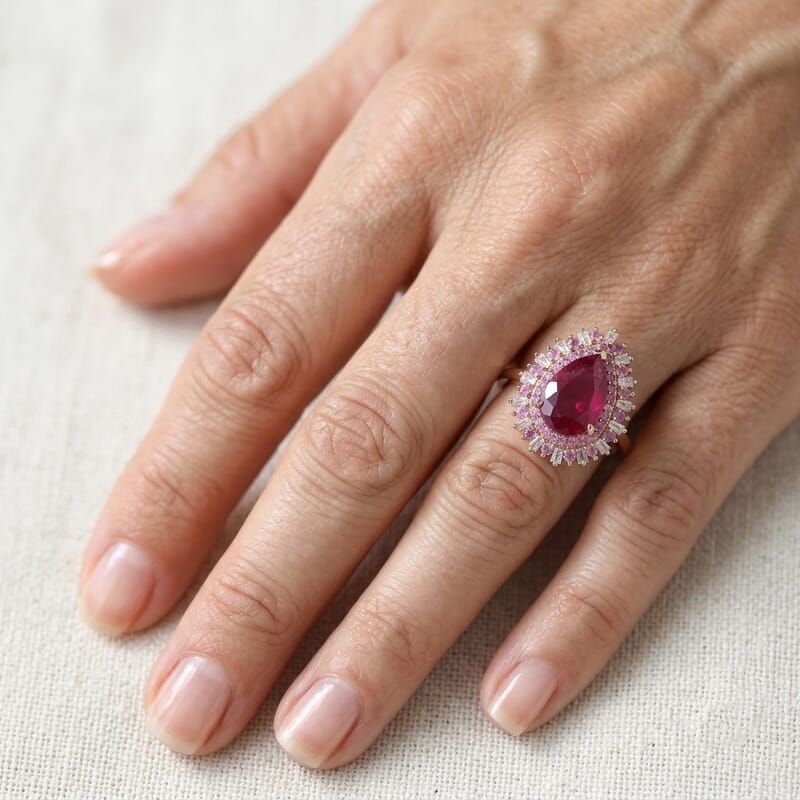 D'Joy Premium Niassa Ruby (FF) and Multi Gemstone 5.20 ctw Passion Burst Ring in 18K Vermeil RG Over Sterling Silver (Size 6.0)