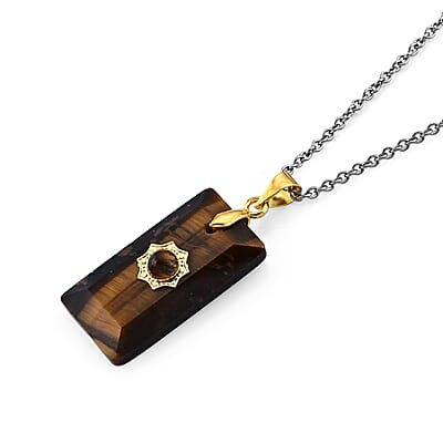 Tiger Eye 15.00 ctw Pendant in Goldtone with ION Plated YG Stainless Steel Necklace 20 Inches