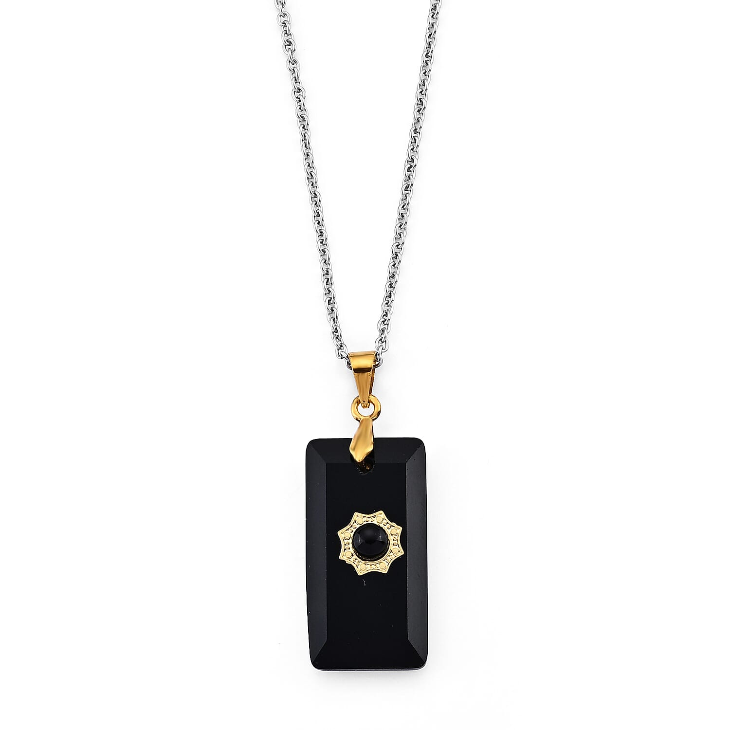 Black Obsidian 15.00 ctw Pendant in Silvertone with Stainless Steel Necklace (20 Inches)