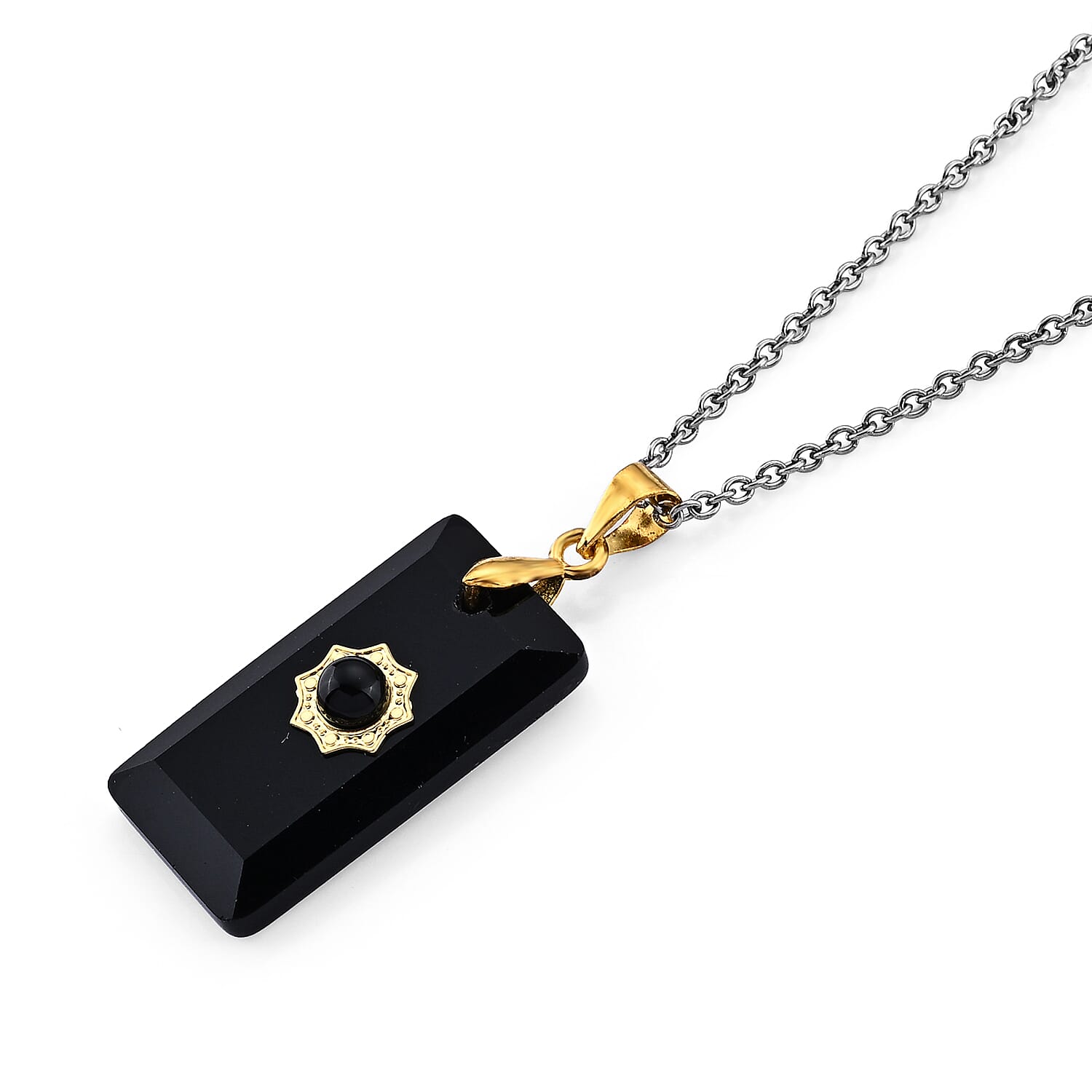 Black Obsidian 15.00 ctw Pendant in Silvertone with Stainless Steel Necklace (20 Inches)
