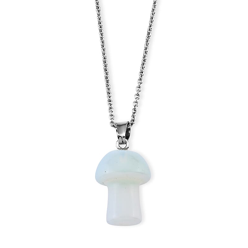 White Opal 30.00 ctw Pendant in Silvertone with Stainless Steel Necklace 20 Inches