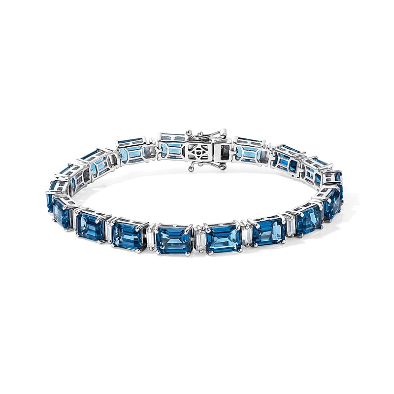 D'Joy London Blue Topaz and Moissanite 23.90 ctw Bracelet in Rhodium Over Sterling Silver (6.50 In)