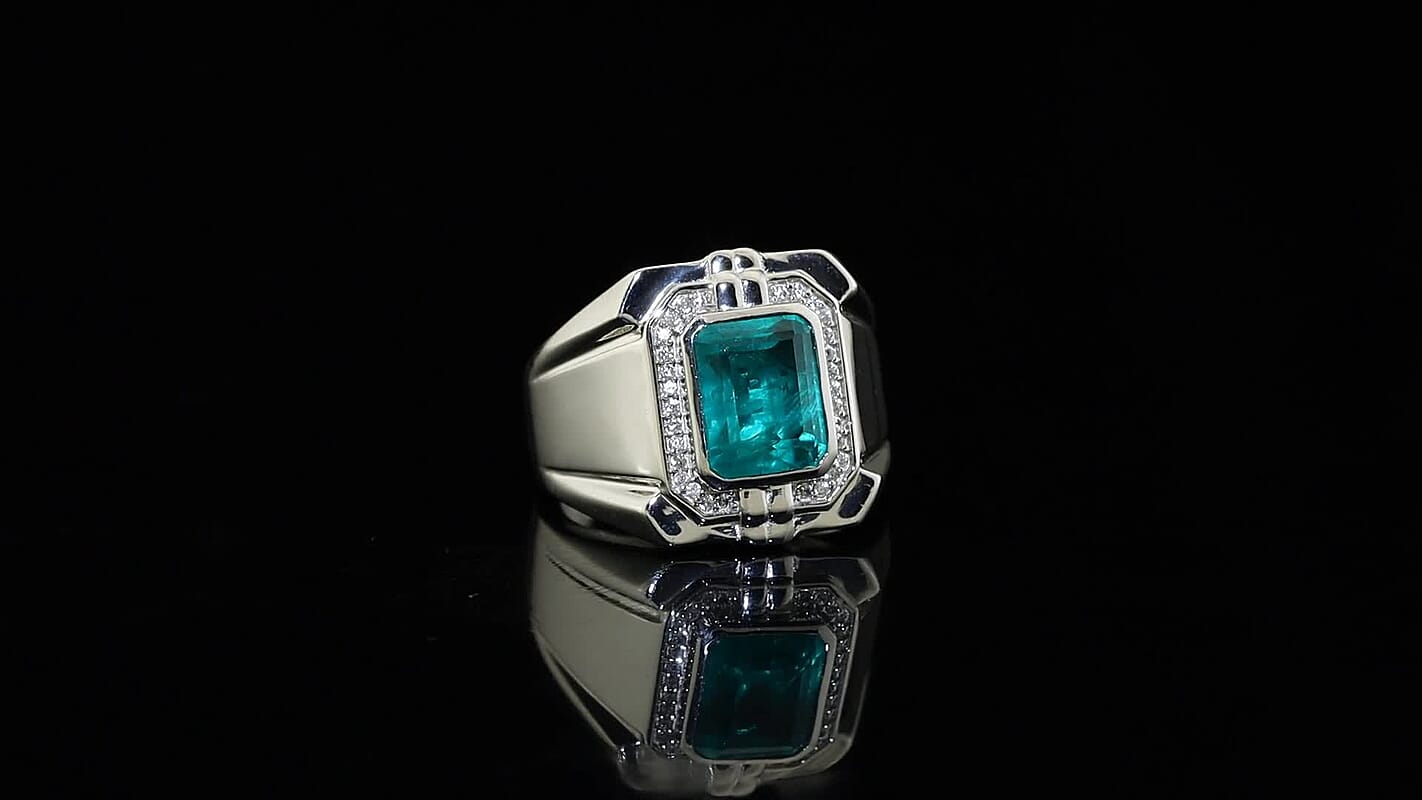 EverTrue Emeraldine Quartz, White Zircon Men''s Ring in Platinum Bond (Size 10.0) 4.65 ctw