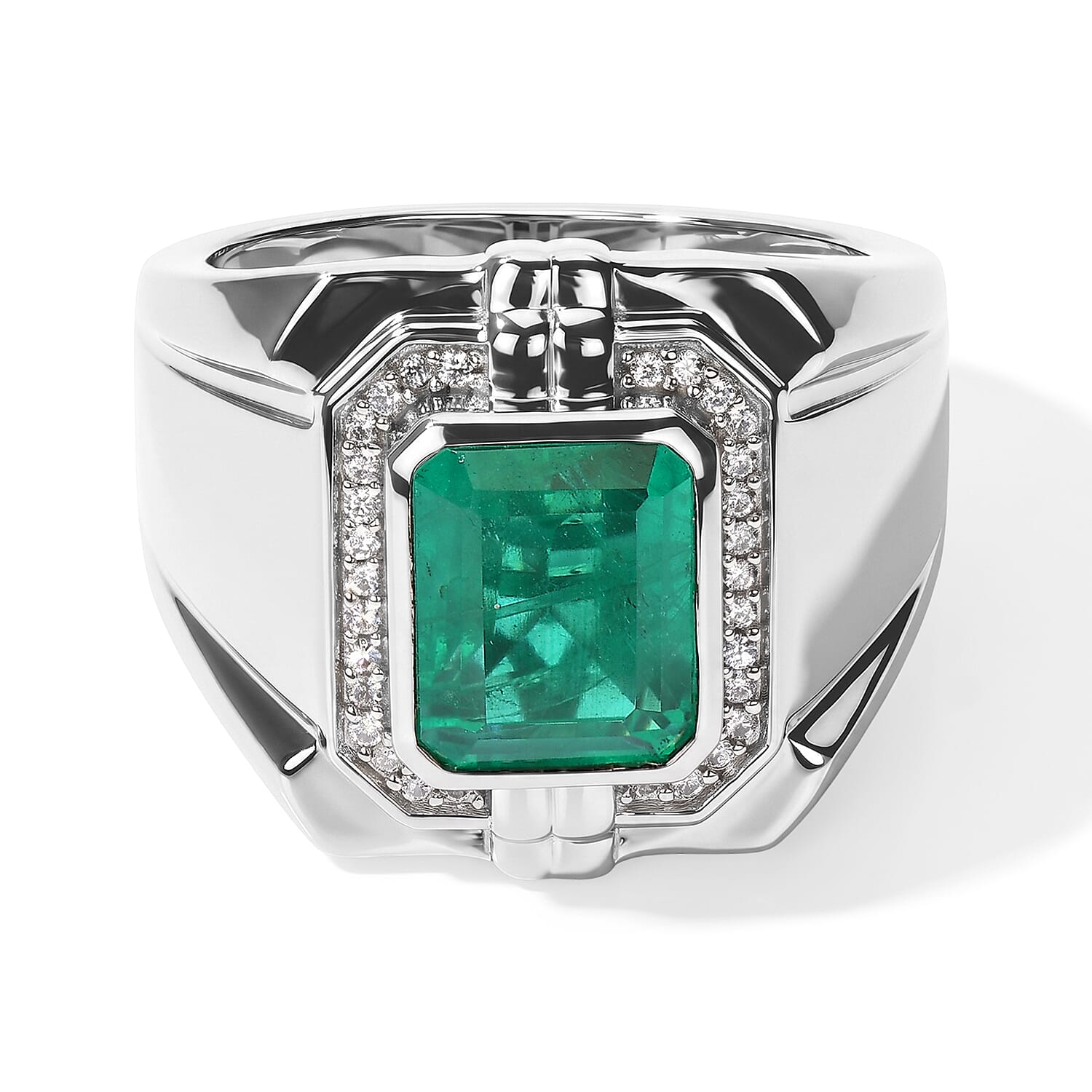 EverTrue Emeraldine Quartz (Triplet) and White Zircon 4.65 ctw Men's Ring in Platinum Bond (Size 9.0)