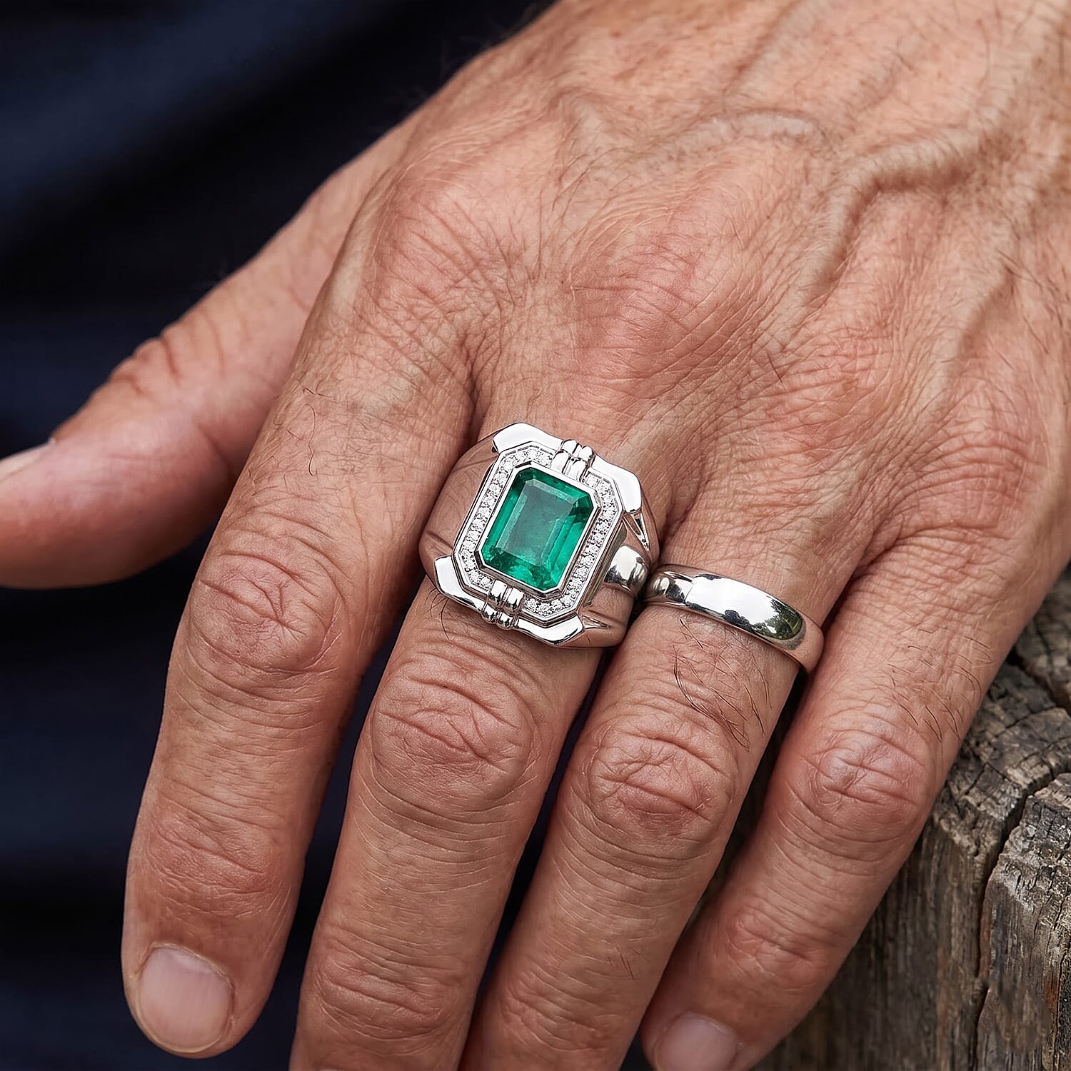 EverTrue Emeraldine Quartz (Triplet) and White Zircon 4.65 ctw Men's Ring in Platinum Bond (Size 9.0)