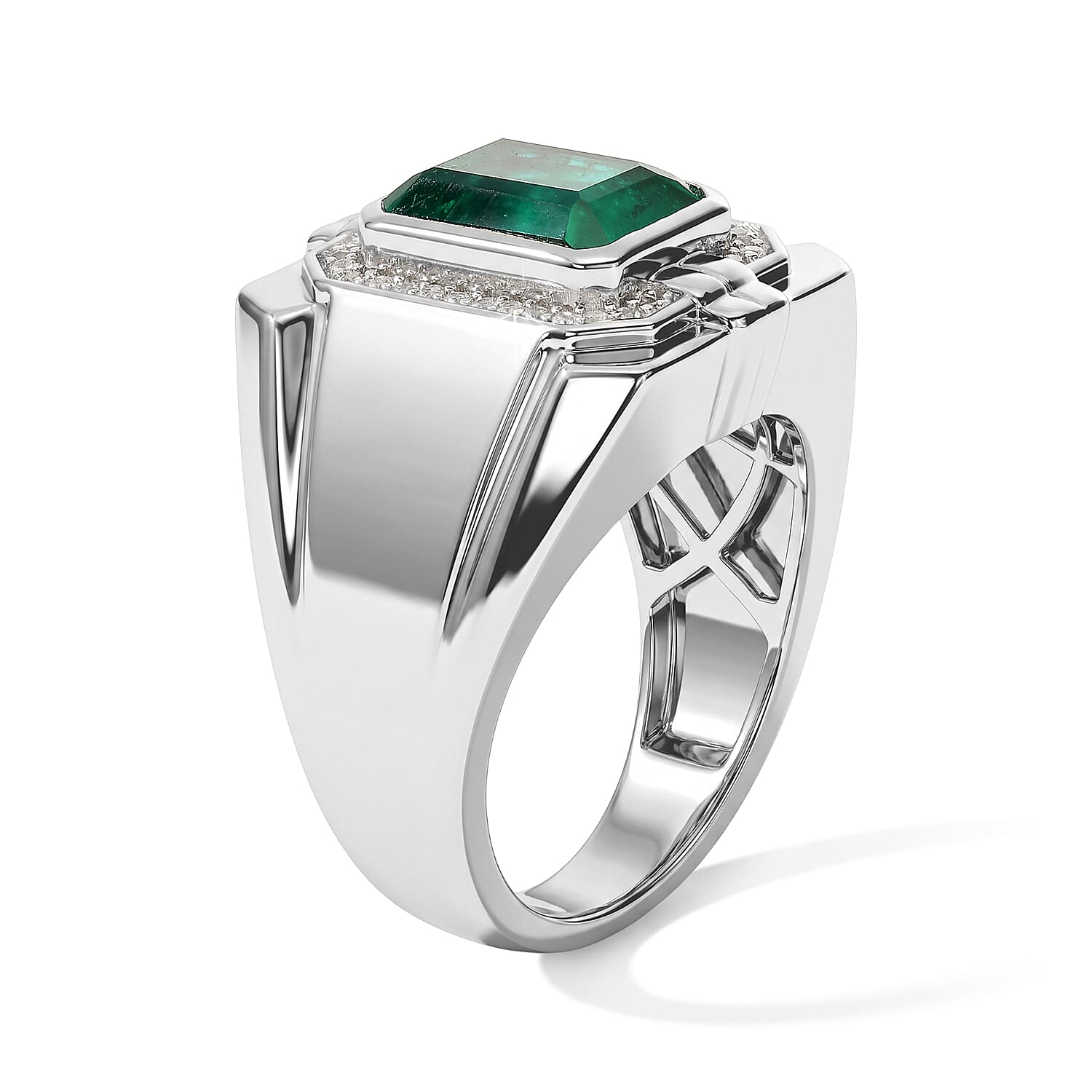 EverTrue Emeraldine Quartz (Triplet) and White Zircon 4.65 ctw Men's Ring in Platinum Bond (Size 9.0)