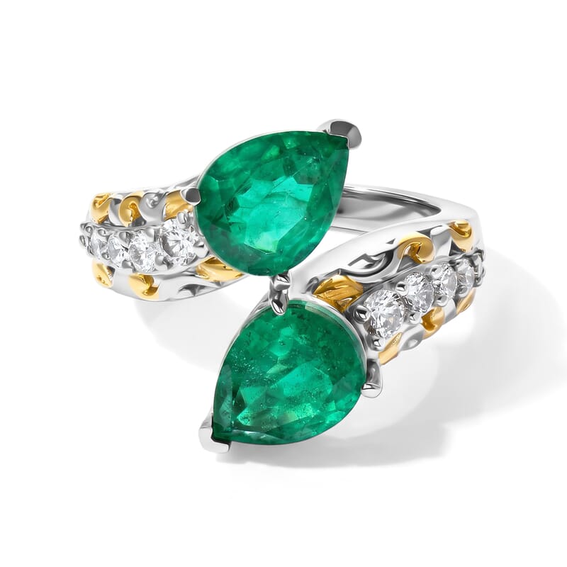EverTrue Emeraldine Triplet Quartz, White Zircon Fancy Ring in 18K YG Plated and Platinum Bond (Size 5.0) 4.40 ctw