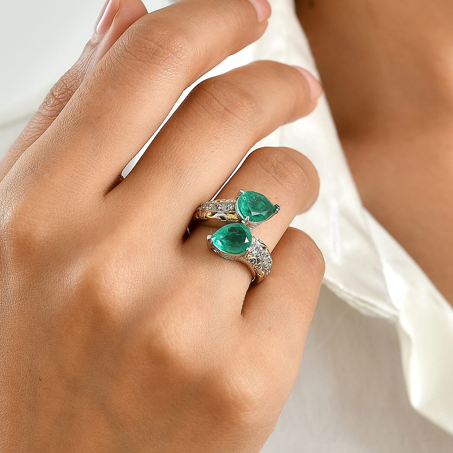 EverTrue Emeraldine Triplet Quartz, White Zircon Fancy Ring in 18K YG Plated and Platinum Bond (Size 5.0) 4.40 ctw