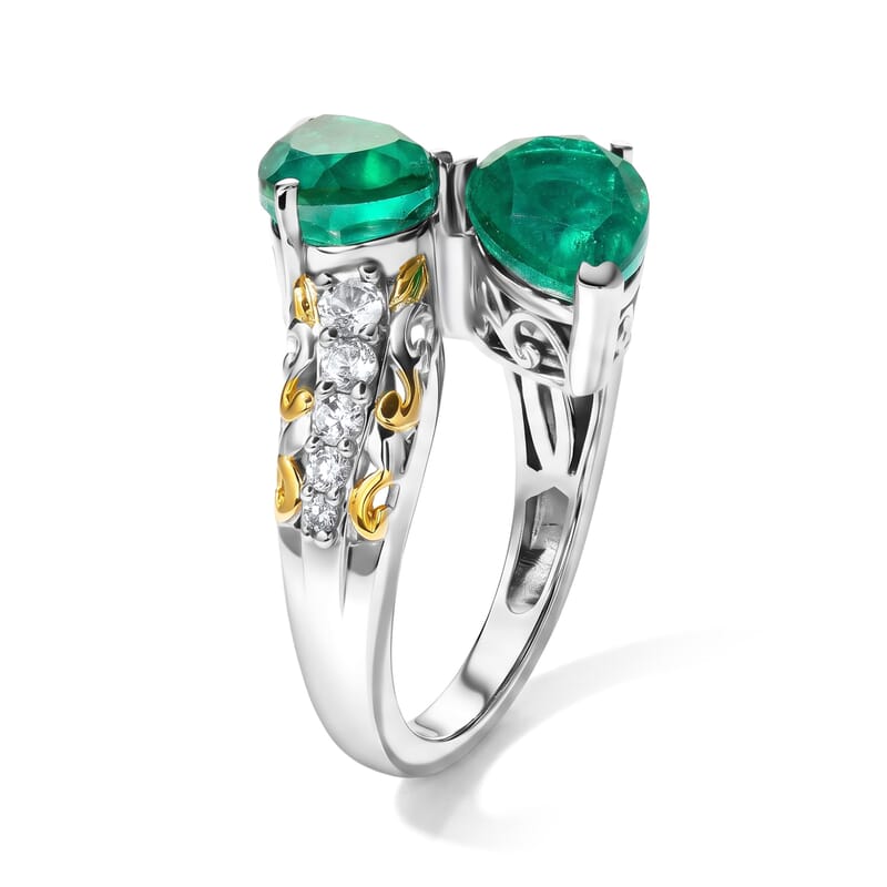 EverTrue Emeraldine Triplet Quartz, White Zircon Fancy Ring in 18K YG Plated and Platinum Bond (Size 5.0) 4.40 ctw