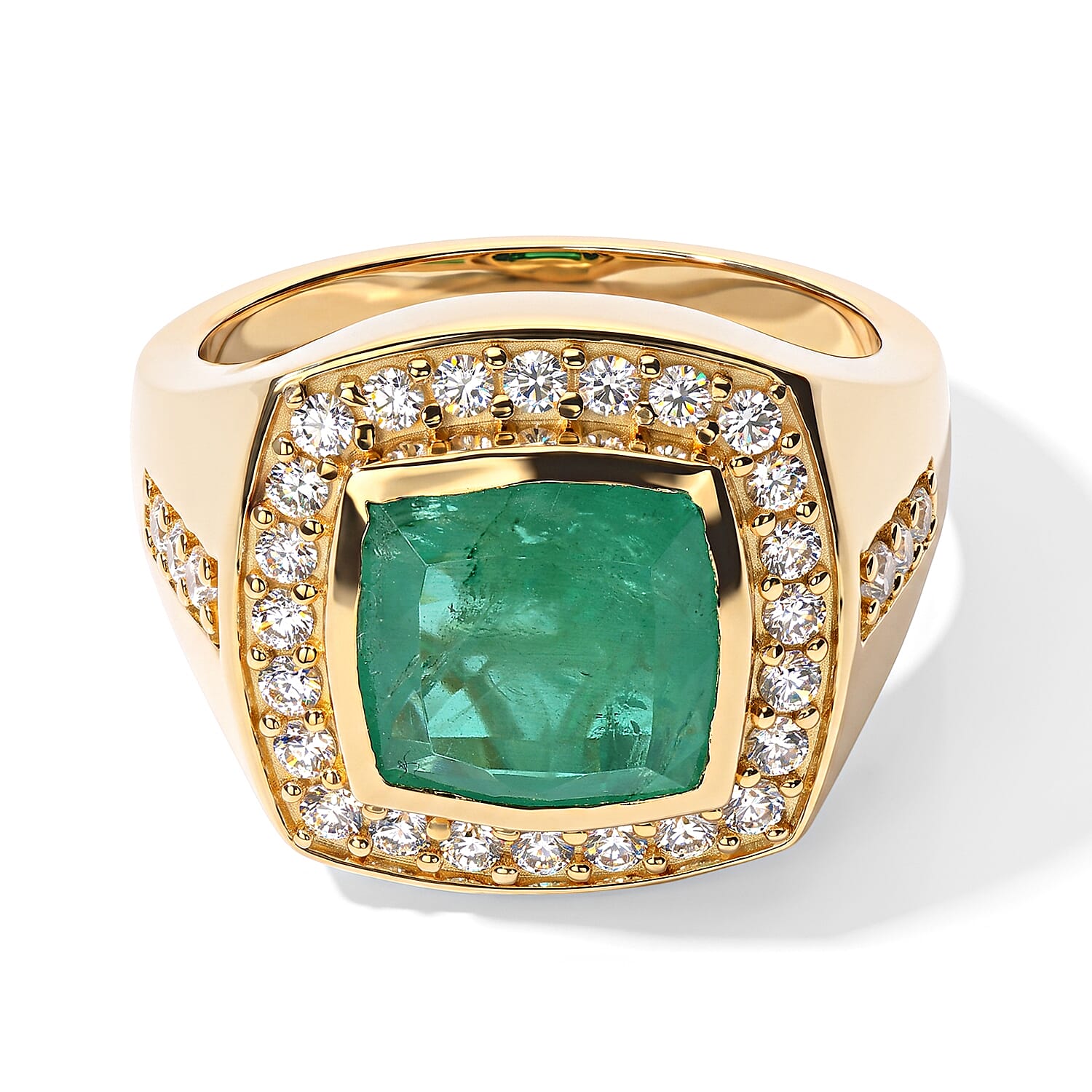 EverTrue Emeraldine Quartz (Triplet) and White Zircon 6.35 ctw Men's Rinf Ring in 18K YG Plated (Size 10.0)