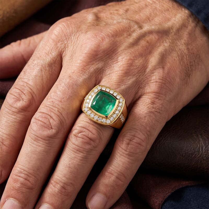 EverTrue Emeraldine Quartz (Triplet) and White Zircon 6.35 ctw Men's Ring in 18K YG Plated (Size 9.0)