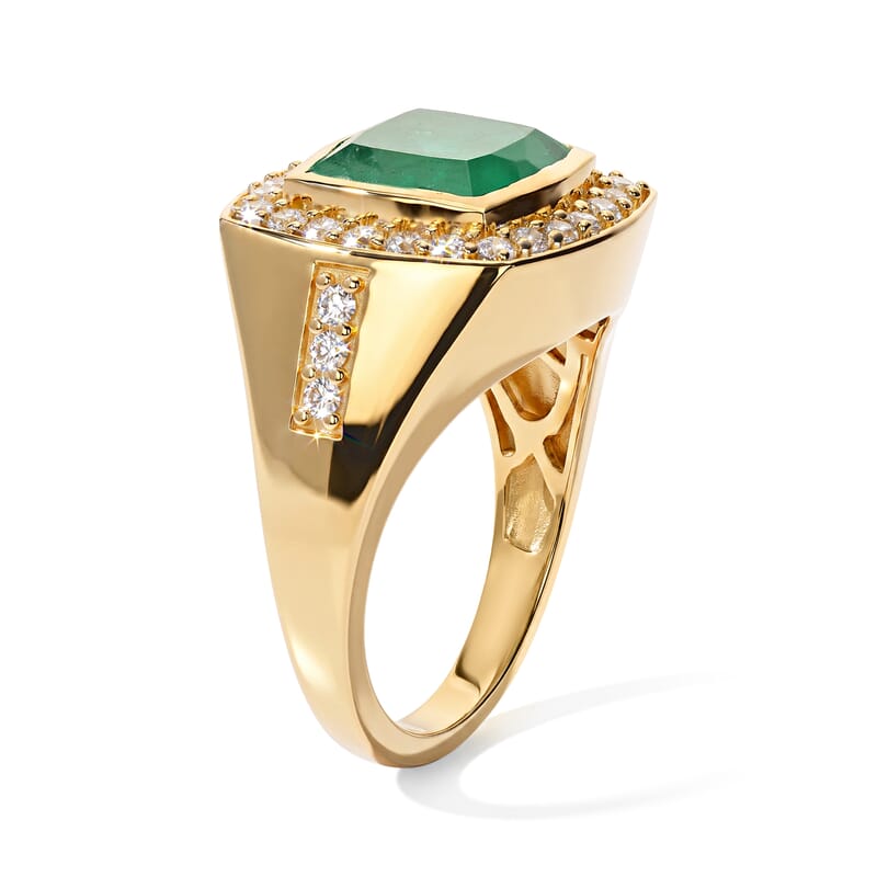 EverTrue Emeraldine Quartz (Triplet) and White Zircon 6.35 ctw Men's Ring in 18K YG Plated (Size 9.0)