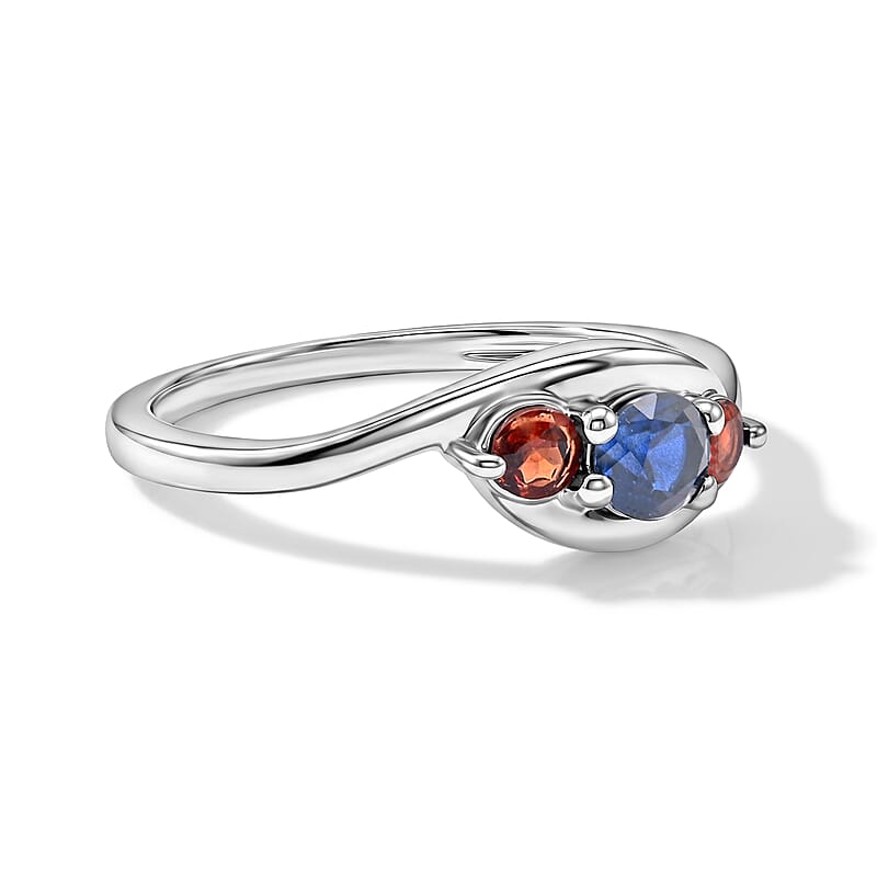 Simulated Blue Diamond and Mozambique Garnet Ring in Sterling Silver (Size 10.0)