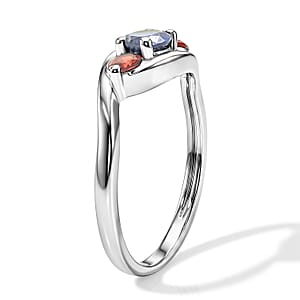 Simulated Blue Diamond and Mozambique Garnet Ring in Sterling Silver (Size 6.0)