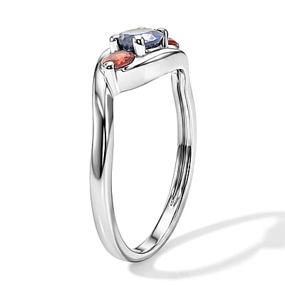Simulated Blue Diamond and Mozambique Garnet Ring in Sterling Silver (Size 6.0)