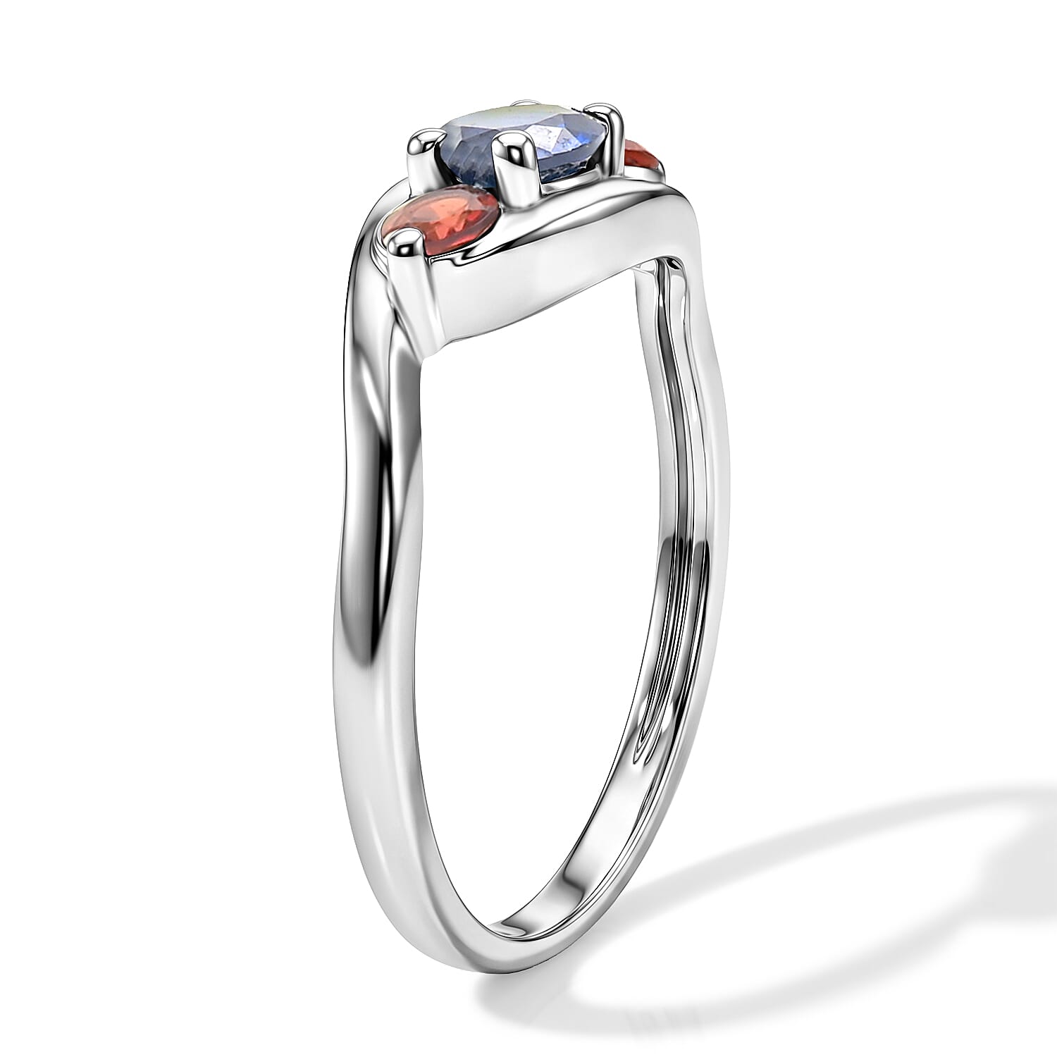Simulated Blue Diamond and Mozambique Garnet Ring in Sterling Silver (Size 7.0)