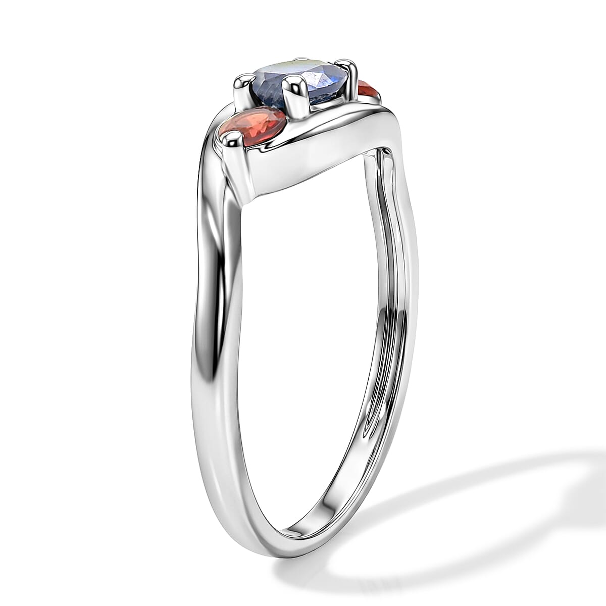 Simulated Blue Diamond and Mozambique Garnet Ring in Sterling Silver (Size 8.0) image number 3