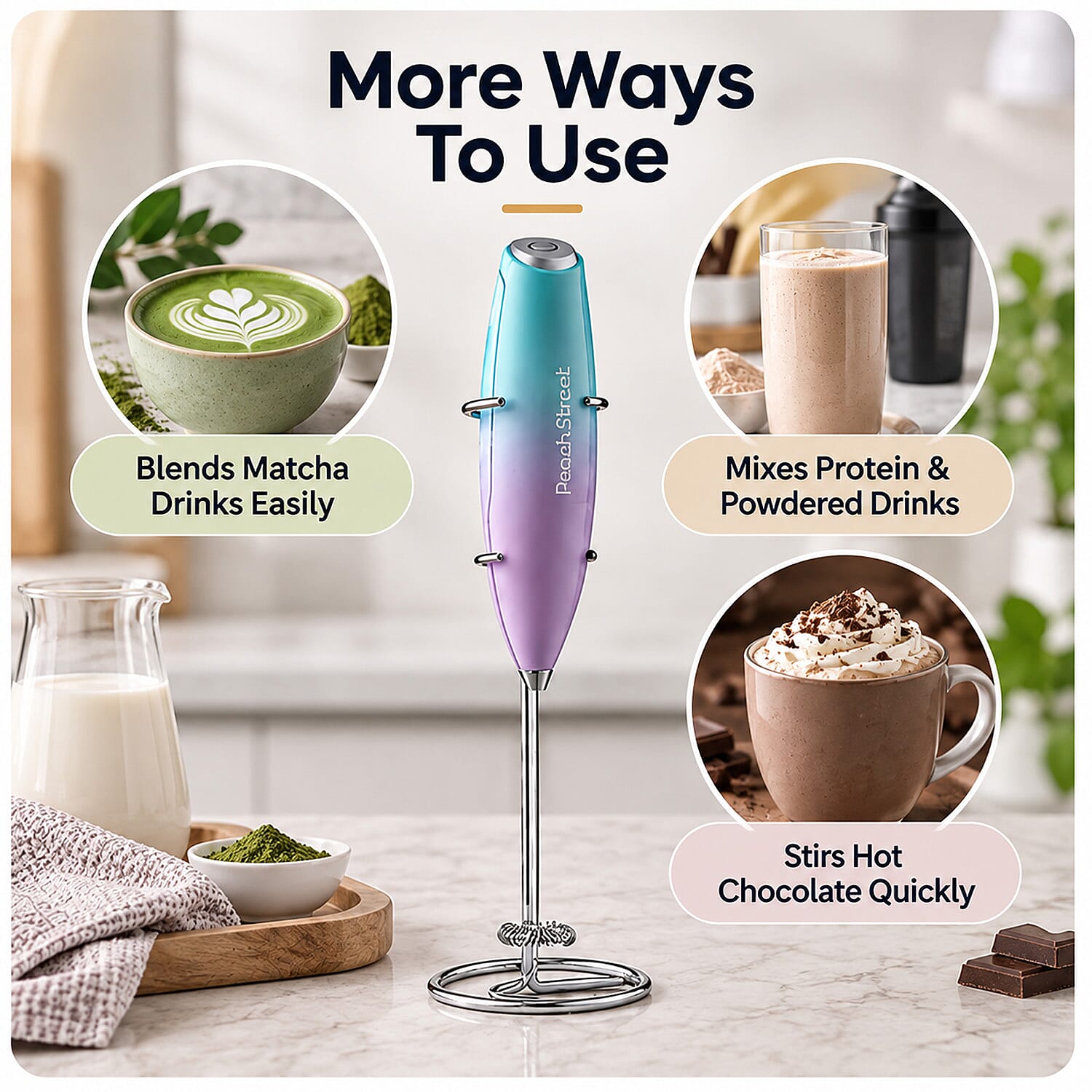 Peach Street Milk Frother with Stand in Teal and Purple