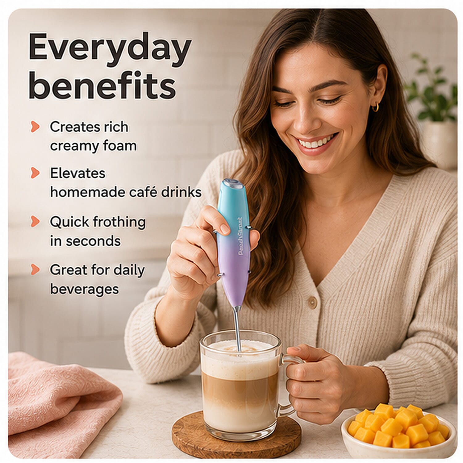 Peach Street Milk Frother with Stand in Teal and Purple