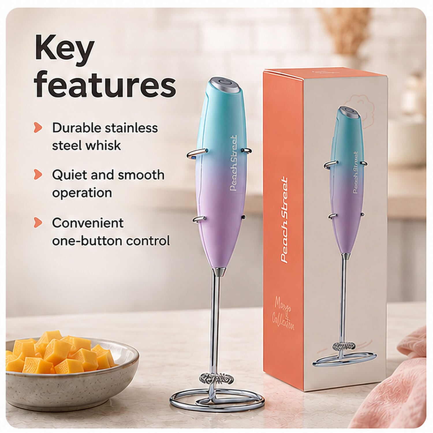 Peach Street Milk Frother with Stand in Teal and Purple