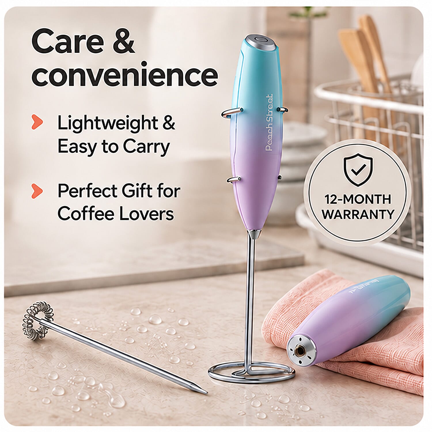 Peach Street Milk Frother with Stand in Teal and Purple