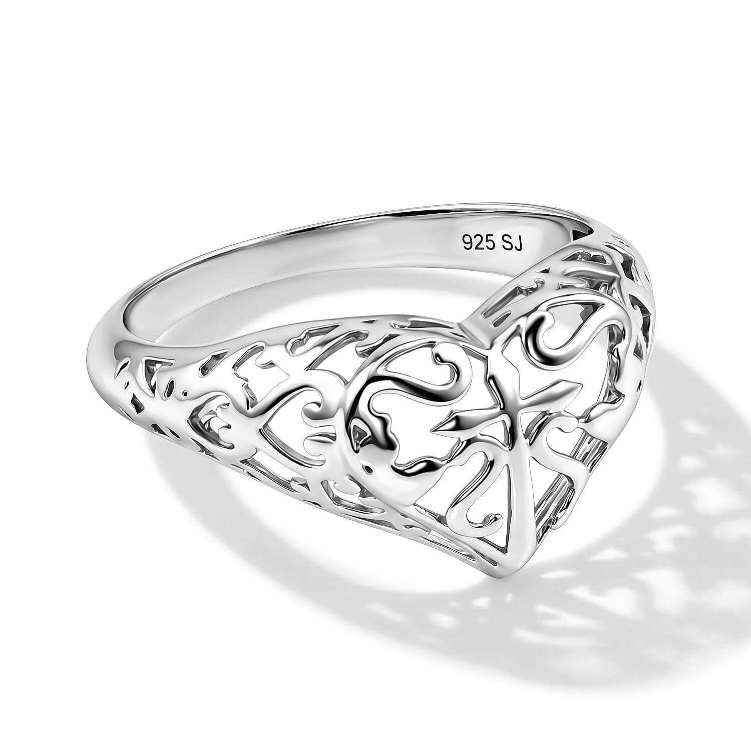 Filiagree Heart and Cross Ring in Sterling Silver (Size 8.0) 2.22 Grams
