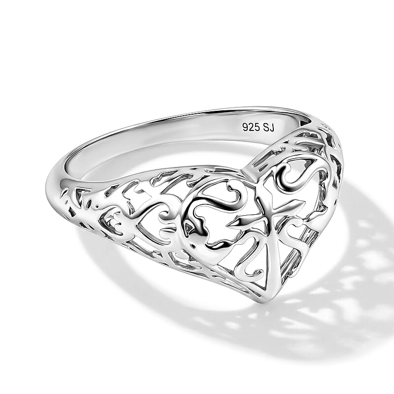 Filiagree Heart and Cross Ring in Sterling Silver (Size 8.0) 2.22 Grams