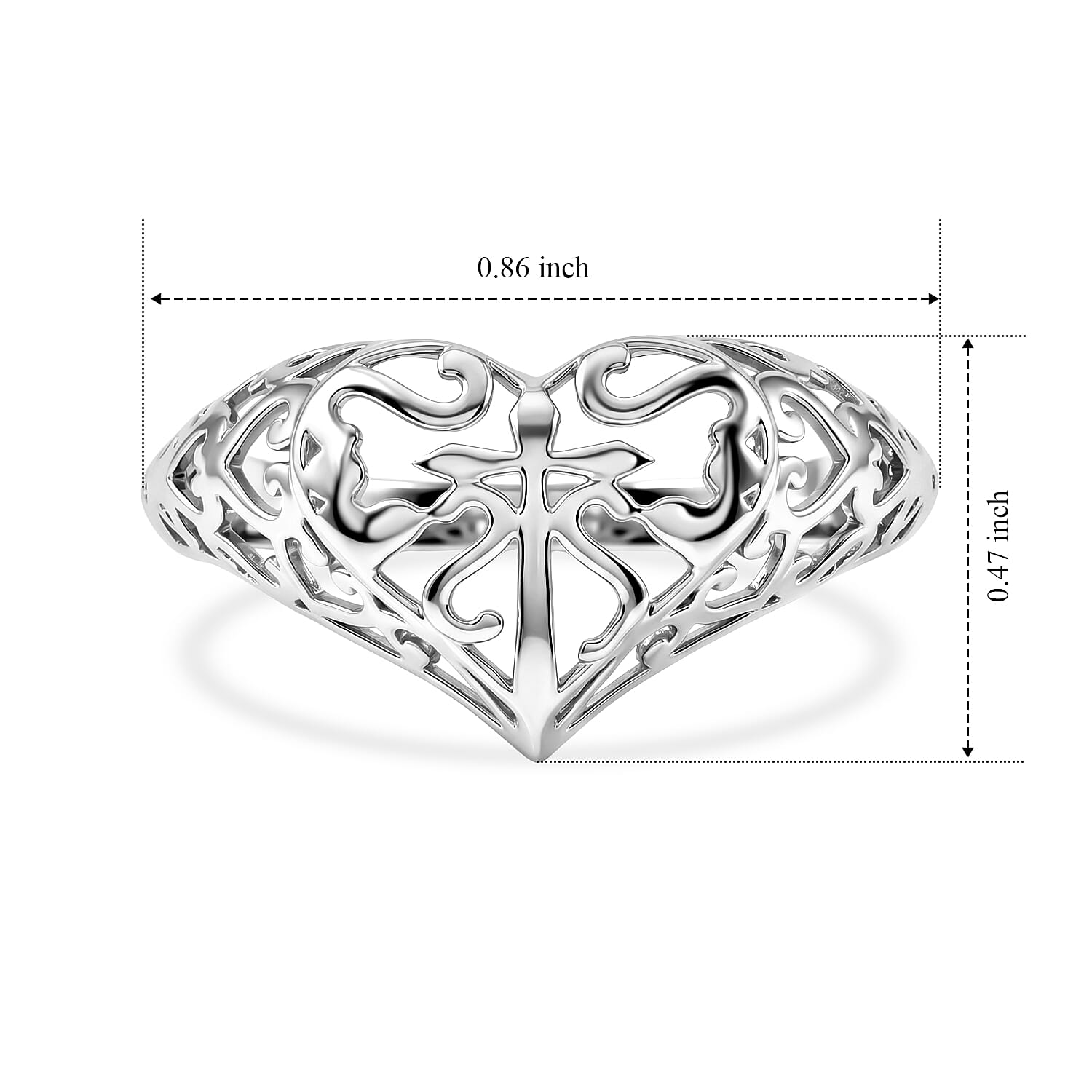 Filiagree Heart and Cross Ring in Sterling Silver (Size 8.0) 2.22 Grams