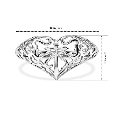 Filiagree Heart and Cross Ring in Sterling Silver (Size 8.0) 2.22 Grams
