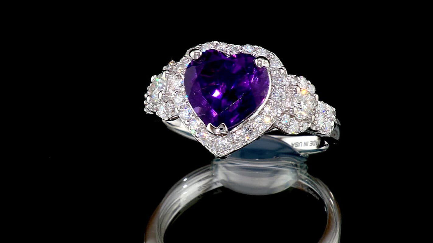 D''Joy Zambian Amethyst , Moissanite Main Stone With Surrounding Stone Ring in Rhodium Over Sterling Silver 2.75 ctw
