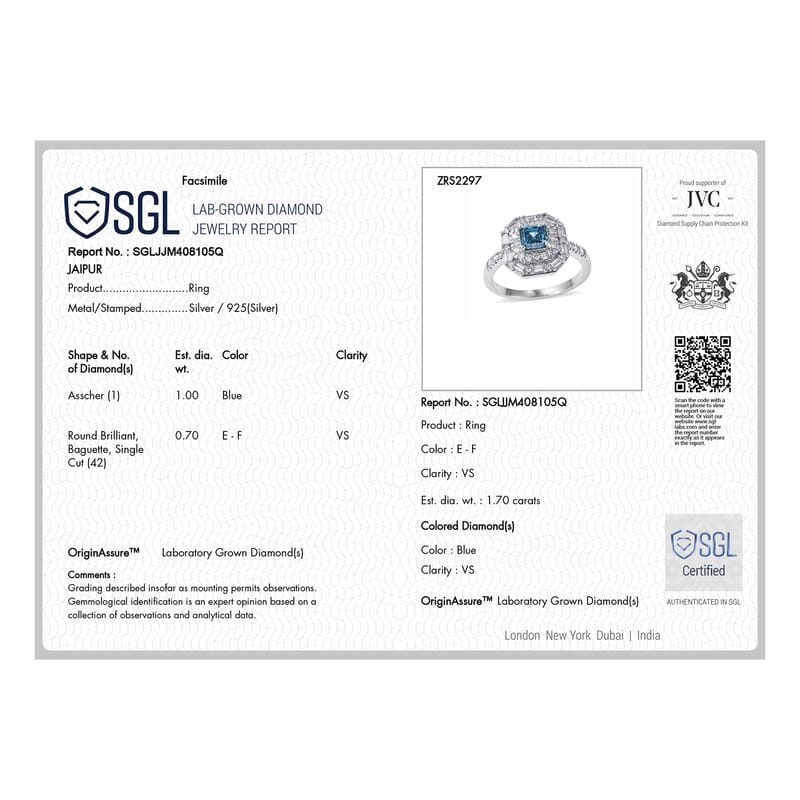 SGL Certified Luxuriant Lab Grown Blue Diamond (IR) (VS) and Lab Grown Diamond 1.75 ctw Azure Prism Halo Ring in Rhodium Over Sterling Silver (Size 6.0)