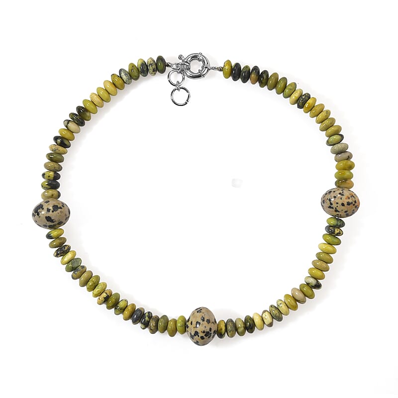 EverTrue Mojave Yellow Turquoise and Dalmation Jasper 400.00 ctw Beaded Necklace in Platinum Bond 18 Inches