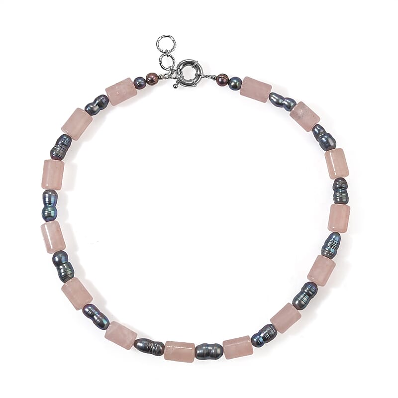 EverTrue Rose Quartz and Peacock Pearl (D) 210.00 ctw Beaded Necklace in Platinum Bond 18 Inches