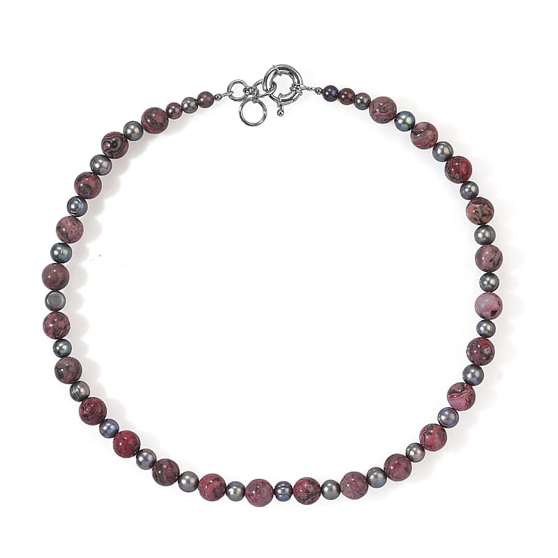 EverTrue Peacock Pearl (D) and Leopard Jasper 175.00 ctw Beaded Necklace in Platinum Bond 18 Inches