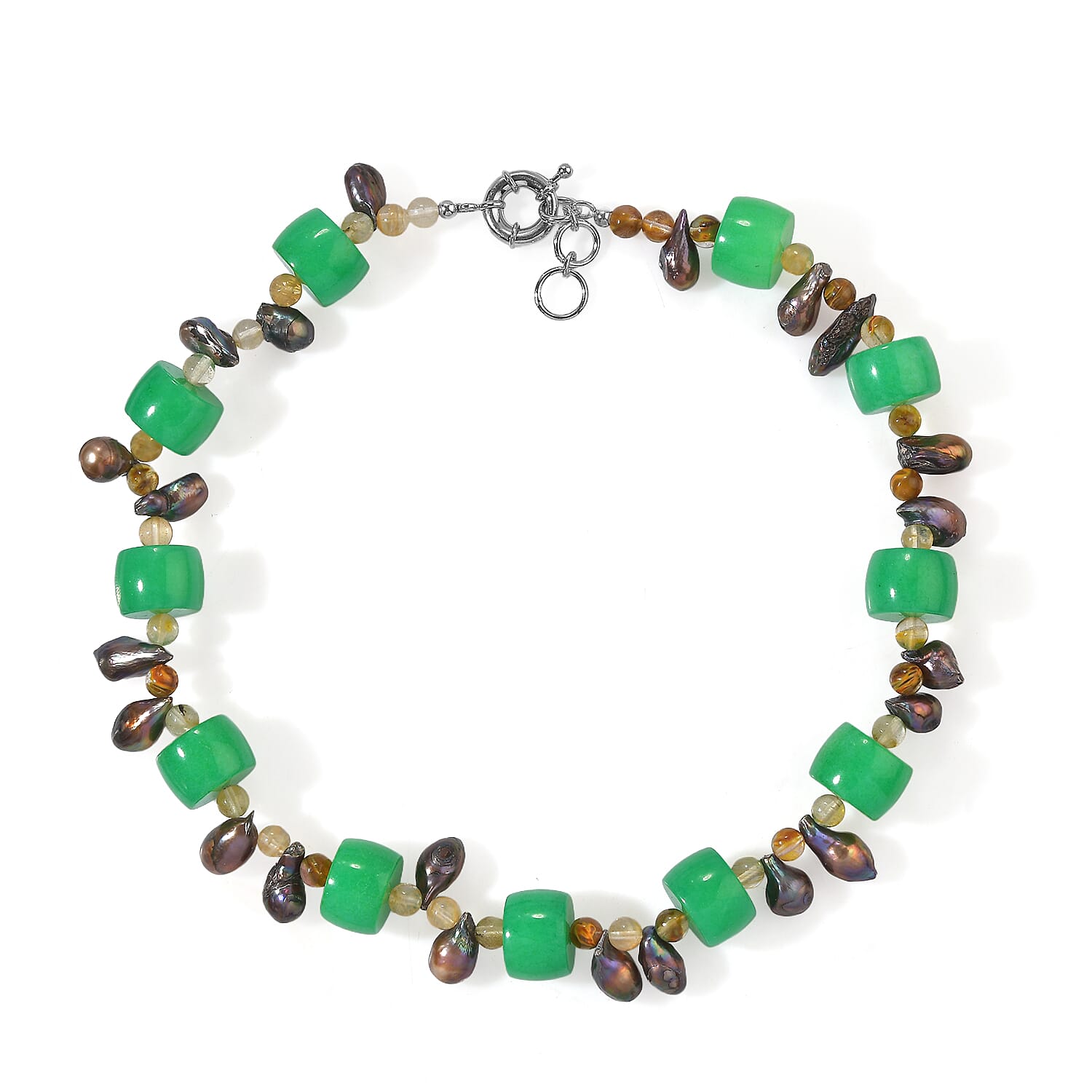 EverTrue Gold Quartz, Green Aventurine and Peacock Pearl (D) 430.00 ctw Beaded Necklace in Platinum Bond 18 Inches