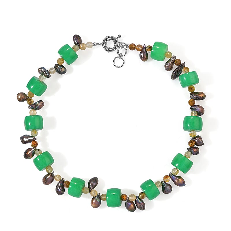 EverTrue Gold Quartz, Green Aventurine and Peacock Pearl (D) 430.00 ctw Beaded Necklace in Platinum Bond 18 Inches