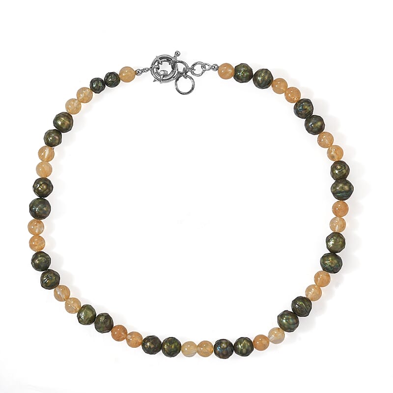 EverTrue Green Pearl (D) and Gold Quartz 70.00 ctw Beaded Necklace in Platinum Bond 18 Inches