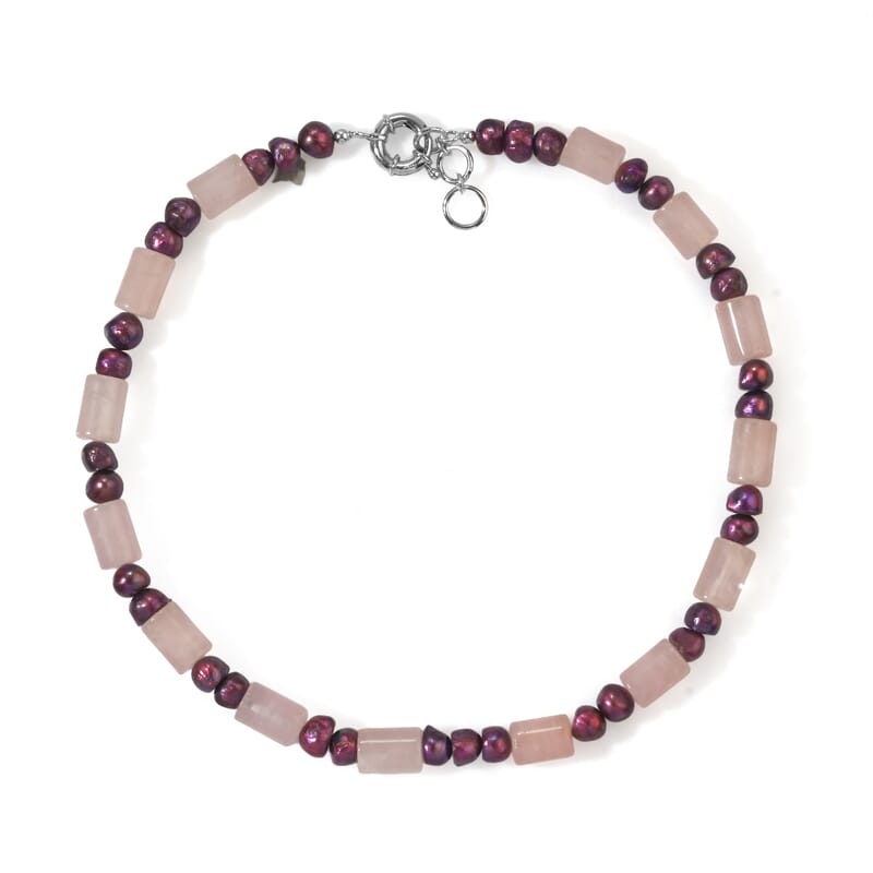 EverTrue Rose Quartz and Purple Pearl (D) 235.00 ctw Beaded Necklace in Platinum Bond 18 Inches