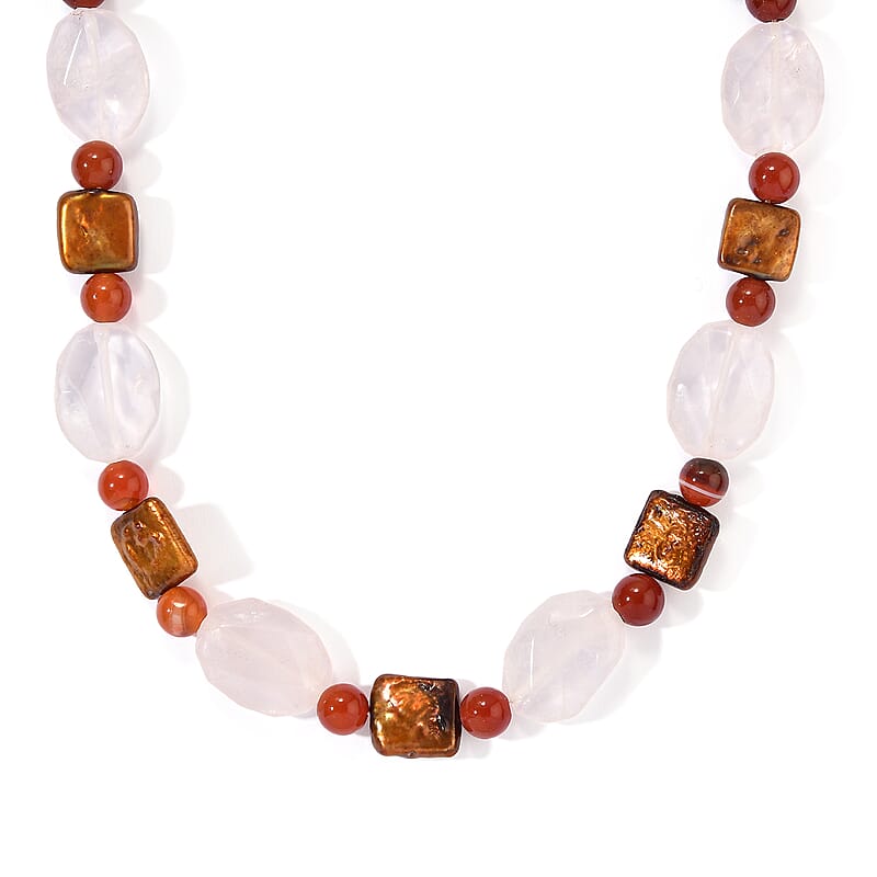 EverTrue Galilea Rose Quartz and Carnelian 170.00 ctw, Bronze Pearl (D) Necklace (18 Inches) in Platinum Bond