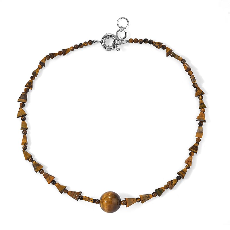 EverTrue Tigers Eye 90.00 ctw Beaded Necklace in Platinum Bond 18 Inches