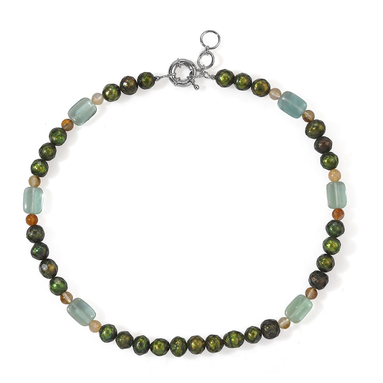 EverTrue Fluorite, White Quartz and Green Pearl (D) 330.00 ctw Beaded Necklace in Platinum Bond 18 Inches